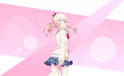 Rule 34 | 1other, akiyama mizuki, blush, bow, hair bow, highres, long sleeves, official art, one eye closed, pink eyes, pink hair, pleated skirt, project sekai, skirt, socks, solo, sweater, tagme, tongue, tongue out, white socks