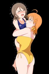 Rule 34 | 2girls, absurdres, ahoge, ass, bare shoulders, bearhug, black background, blue one-piece swimsuit, blush, bow, braid, brown hair, catfight, closed eyes, collarbone, commentary request, competition swimsuit, grin, hair bow, highres, looking at another, love live!, love live! sunshine!!, milliani, multiple girls, one-piece swimsuit, open mouth, orange hair, simple background, smile, sweat, swimsuit, takami chika, trembling, watanabe you, wedgie, wrestling, yellow one-piece swimsuit