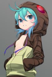 Rule 34 | 1girl, absurdres, antenna hair, blue hair, breasts, clenched teeth, collarbone, gradient hair, green eyes, green hair, grey background, hair between eyes, hands in pockets, highres, hood, hood up, hoodie, jacket, kemono friends, long sleeves, looking at viewer, multicolored hair, neck ribbon, no bra, okojo ojoko, open clothes, open jacket, partially unzipped, pocket, ribbon, sharp teeth, simple background, small breasts, solo, stomach, striped clothes, striped hoodie, teeth, tsuchinoko (kemono friends), upper body