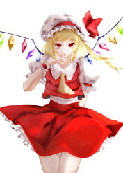 Rule 34 | 1girl, absurdres, arm behind back, ascot, blonde hair, blood, blood from mouth, blood on hands, breasts, closed mouth, collared shirt, cowboy shot, crystal, flandre scarlet, frilled headwear, frilled shirt collar, frilled skirt, frilled sleeves, frills, hat, hat ribbon, highres, looking at viewer, medium hair, mob cap, multicolored wings, one side up, puffy short sleeves, puffy sleeves, qie, red eyes, red ribbon, red skirt, red vest, ribbon, shirt, short sleeves, simple background, skirt, skirt set, small breasts, solo, touhou, vest, white background, white hat, white shirt, wings, wrist cuffs, yellow ascot