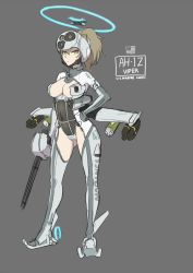 Rule 34 | 1girl, aircraft, american flag, breasts, brown hair, cleavage, dark background, gun, helicopter, helmet, leotard, mecha musume, mikoyan, military, military vehicle, missile pod, original, personification, ponytail, revealing clothes, rotor, rudder footwear, simple background, solo, weapon, wings, yellow eyes
