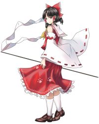 Rule 34 | 1girl, ascot, bare shoulders, black hair, bow, brown footwear, closed mouth, collar, collared dress, detached sleeves, dress, from side, gohei, hair ornament, hair tubes, hakurei reimu, highres, long sleeves, looking at viewer, paw print, red bow, red dress, red eyes, shoes, short hair, simple background, smile, sneakers, socks, solo, standing, tk31, touhou, transparent background, white background, white sleeves, white socks, wide sleeves, yellow ascot