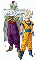 Rule 34 | 2boys, alien, baggy pants, blonde hair, cape, character request, clenched hands, crossed arms, dragon ball, highres, jumpsuit, kakeru (dbskakeru), looking at viewer, multiple boys, orange jumpsuit, pants, piccolo, pointy ears, purple pants, simple background, sleeveless, spiked hair, toriyama akira (style), white background, white cape