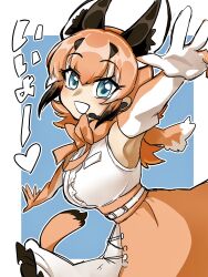 Rule 34 | 1girl, animal ears, belt, blue background, blue eyes, bow, bowtie, caracal (kemono friends), cat ears, cat girl, cat tail, elbow gloves, extra ears, gloves, highres, kemono friends, kemono friends v project, long hair, looking at viewer, microphone, orange hair, shirt, simple background, skirt, sleeveless, sleeveless shirt, solo, tail, tomatokomainu, translation request, virtual youtuber