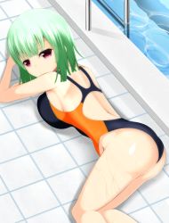 Rule 34 | 10s, 1girl, artist request, ass, bare shoulders, blush, breast press, breasts, expressionless, green hair, highres, large breasts, looking at viewer, lying, naraku (senran kagura), on side, one-piece swimsuit, pool, purple eyes, senran kagura, shiny skin, short hair, sideboob, solo, swimsuit, wet