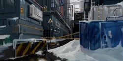 Rule 34 | absurdres, caution tape, container, highres, industrial, ladder, no humans, orga (orgacl), original, outdoors, scenery, sign, snow, tagme