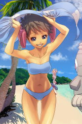 Rule 34 | 2girls, armpits, arms up, beach, bikini, bikini bottom only, blue eyes, breasts, brown hair, carrying, carrying overhead, cloud, creatures (company), day, dusclops, forest, game freak, gen 3 pokemon, gluteal fold, grin, groin, hair ornament, happy, highres, legs, looking at viewer, may (pokemon), medium breasts, multiple girls, nature, navel, nintendo, ocean, on head, outdoors, palm tree, parted lips, phoebe (pokemon), pokemon, pokemon (creature), pokemon oras, red bikini, sand, short hair, sky, smile, standing, strapless, strapless bikini, swimsuit, thighs, torchic, towel, tree, water, yachi (fujiyasu0616)