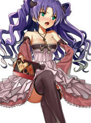 Rule 34 | 1girl, averting eyes, bare shoulders, black thighhighs, blush, breasts, candy, chocolate, chocolate heart, cleavage, crossed legs, detached sleeves, dragon maker, dress, earrings, food, gaou (umaiyo puyoman), garter straps, green eyes, heart, jewelry, large breasts, lips, long hair, necklace, open mouth, purple hair, simple background, sitting, solo, thighhighs, tsundere, valentine, wavy hair