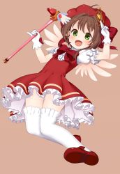 Rule 34 | 1990s (style), 1girl, :d, brown hair, card, cardcaptor sakura, clow card, dress, full body, fuuin no tsue, gloves, green eyes, hat, highres, kinomoto sakura, magical girl, muku (muku-coffee), open mouth, red hat, retro artstyle, short hair, simple background, smile, solo, thighhighs, wand, white gloves, wings