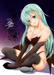 Rule 34 | 1girl, alternate costume, aqua hair, bare shoulders, bikini, black bikini, black footwear, black gloves, black thighhighs, blush, breasts, collarbone, crossed ankles, dog tags, elbow gloves, gloves, green eyes, hair ornament, hairclip, halloween, hands on ankles, head tilt, high heels, jewelry, kantai collection, large breasts, long hair, looking at viewer, necklace, sidelocks, signature, sitting, skindentation, smile, solo, suzuya (kancolle), swimsuit, thighhighs, yua (checkmate)