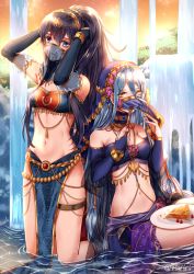 Rule 34 | 2girls, anklet, arabian clothes, armlet, azura (fire emblem), blue eyes, blue hair, blush, bracelet, breasts, cake, cape, circlet, cleavage, commentary, dancer, dress, earrings, elbow gloves, fingerless gloves, fire emblem, fire emblem awakening, fire emblem fates, fire emblem heroes, food, fruit, gloves, hair between eyes, hairband, harem outfit, jewelry, kneeling, long hair, looking at viewer, lucina (fire emblem), medium breasts, midriff, mouth veil, multiple girls, navel, necklace, nintendo, pelvic curtain, plate, raspberry, see-through, sitting, small breasts, smile, tiara, veil, very long hair, wani (fadgrith), yellow eyes