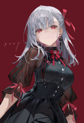 Rule 34 | 1girl, absurdres, adapted costume, black dress, breasts, buttons, chyoel, dark sakura, dress, earrings, fate/stay night, fate (series), hair ribbon, heaven&#039;s feel, highres, jewelry, large breasts, long hair, looking at viewer, matou sakura, red background, red eyes, ribbon, see-through, simple background, underbust, white hair