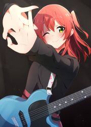 Rule 34 | 1girl, ;), black jacket, blush, bocchi the rock!, commentary request, electric guitar, gibson les paul, green eyes, guitar, highres, instrument, interlocked fingers, jacket, kita ikuyo, long hair, long sleeves, looking at viewer, one eye closed, one side up, red hair, reikakrzk, shadow, smile, solo, stretching, upper body