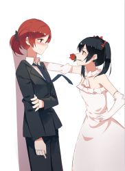 Rule 34 | 2girls, black hair, blush, closed mouth, flower in mouth, hand on own hip, hand on own arm, holding own arm, huanxiang heitu, kabedon, love live!, love live! school idol project, multiple girls, necktie, nishikino maki, purple eyes, red eyes, red hair, shadow, short ponytail, split mouth, twintails, white background, yazawa nico, yuri