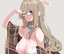 Rule 34 | 1girl, akane (blue archive), akane (bunny) (blue archive), animal ears, blue archive, breasts, brown hair, collar, fake animal ears, glasses, grey background, ingerdoll, large breasts, leotard, long hair, rabbit ears, simple background, solo, white leotard