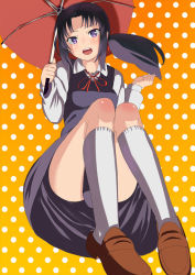 Rule 34 | 1girl, :d, between legs, black hair, black skirt, blush, breasts, brown footwear, collared shirt, convenient censoring, foreshortening, holding, holding umbrella, invisible chair, kneehighs, knees up, loafers, long sleeves, looking at viewer, low ponytail, noririn, open mouth, original, polka dot, polka dot background, purple eyes, red ribbon, red umbrella, ribbon, round teeth, shirt, shoes, sitting, skirt, small breasts, smile, socks, solo, sweater vest, teeth, umbrella, white socks, white shirt, wing collar
