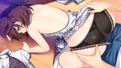 Rule 34 | 1boy, 1girl, all fours, ass, backless outfit, bare back, black panties, blush, breasts, brown hair, china dress, chinese clothes, dress, floor, floral print, game cg, gin&#039;iro haruka, green eyes, hand on own ass, hetero, imminent penetration, koizumi amane, lace, lace-trimmed panties, lace trim, looking back, nashiro momiji, open mouth, panties, pants, short hair, smile, two side up, underwear, wooden floor