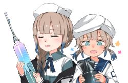 Rule 34 | 2girls, blonde hair, blue eyes, blue hair, braid, captain nemo (fate), closed eyes, commentary request, fate/grand order, fate (series), gomennasai, gradient hair, hat, marine nemo (fate), multicolored hair, multiple girls, nemo (fate), nurse cap, nurse nemo (fate), open mouth, oversized object, short hair, short twintails, sidelocks, simple background, single braid, smile, syringe, torpedo, turban, twintails, white background, white headwear