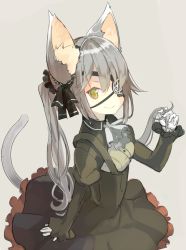 Rule 34 | 1girl, animal ears, black skirt, breasts, cat ears, cat tail, closed mouth, eyepatch, gloves, gothic lolita, grey background, grey hair, hair between eyes, high-waist skirt, lolita fashion, long hair, long sleeves, looking at viewer, nekomegane, original, ruffling hair, simple background, sketch, skirt, small breasts, smile, solo, suspenders, tail, tsurime, twintails, underbust, wavy hair, white gloves, yellow eyes