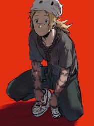 Rule 34 | 1boy, aged down, backlighting, bag, blonde hair, clothes writing, dirty, dorohedoro, grey shirt, highres, ki (mxxxx), long hair, looking at viewer, male focus, mask, mask on head, noose, object on head, pants, plastic bag, red background, rope around neck, scar, scar on face, scar on nose, shadow, shin (dorohedoro), shirt, shoes, short sleeves, simple background, sneakers, solo, squatting, stitched arm, stitched fingers, stitches, white footwear