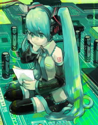 Rule 34 | 1girl, aqua hair, binary, circuit board, haruo (clownberry), hatsune miku, holding, holding paper, long hair, paper, solo, thighhighs, twintails, very long hair, vocaloid