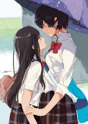 Rule 34 | 2girls, bag, black hair, blush, bow, bowtie, character request, collared shirt, dress shirt, dripping, eye contact, eyebrows, fly 333, from side, hand on another&#039;s arm, height difference, long hair, looking at another, looking at viewer, looking down, looking up, multiple girls, original, parted lips, plaid, plaid skirt, rain, red bow, red bowtie, ribbon, school bag, school uniform, shared umbrella, shirt, short hair, short sleeves, shoulder bag, sketch, skirt, sleeves rolled up, sparkle, umbrella, wet, wet hair, white shirt, yuri