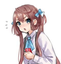 Rule 34 | 1girl, asagumo (kancolle), ascot, bad id, bad pixiv id, blue ascot, blue bow, blue eyes, blush, bow, box, brown hair, collared shirt, flying sweatdrops, gift, gift box, hair bow, holding, holding gift, kantai collection, long hair, looking at viewer, nose blush, nuno (pppompon), parted lips, shirt, simple background, solo, suspenders, twintails, upper body, very long hair, white background, white shirt
