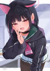 Rule 34 | 1girl, animal ears, black choker, black hair, black jacket, black pantyhose, blue archive, blush, cat ears, choker, colored inner hair, extra ears, fang, green sailor collar, halo, highres, hood, hood down, hooded jacket, jacket, kazusa (blue archive), long sleeves, looking at viewer, multicolored hair, neckerchief, open mouth, pantyhose, pink eyes, pink hair, pink neckerchief, pleated skirt, racchi., sailor collar, short hair, sidelocks, skirt, solo, two-tone hair, upper body, white skirt