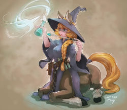 Rule 34 | 1girl, animal ears, blonde hair, braid, centaur, dated, female focus, glasses, hat, horse ears, magic, monster girl, open mouth, original, potion, signature, solo, taur, ttmary, wand, witch, witch hat