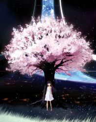 Rule 34 | 1girl, bail, bare shoulders, black eyes, black hair, blunt bangs, cherry blossoms, dress, long hair, original, petals, sandals, scenery, science fiction, see-through silhouette, smile, solo, space, sundress, tree, white dress