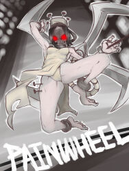 Rule 34 | 1girl, arm up, asha, barefoot, black nails, brown hair, character name, cityscape, collar, cuffs, full body, glowing, glowing eyes, groin, groin tendon, highres, jumping, mask, nails, painwheel (skullgirls), red eyes, shackles, skullgirls, solo, spread legs, veins