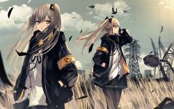 Rule 34 | 2girls, armband, bad id, bad pixiv id, bird, black jacket, black pantyhose, black skirt, brown hair, cloud, falling leaves, girls&#039; frontline, gloves, grass, green night, hands in pockets, hood, hooded jacket, jacket, leaf, long hair, looking afar, looking at viewer, multiple girls, outdoors, pantyhose, pleated skirt, power lines, road sign, ruins, scar, scar across eye, scar on face, scenery, sign, skirt, sky, standing, stop sign, tall grass, thighhighs, twintails, ump45 (girls&#039; frontline), ump9 (girls&#039; frontline), wind, yellow eyes