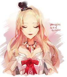 Rule 34 | 10s, 1girl, 2016, alternate hairstyle, artist name, bare shoulders, blonde hair, character name, corset, crown, dated, dress, closed eyes, flower, forehead, hairband, heart, heart necklace, highres, jewelry, kantai collection, long hair, mini crown, necklace, off shoulder, open mouth, predict, red ribbon, red rose, ribbon, rose, smile, solo, upper body, warspite (kancolle), white dress