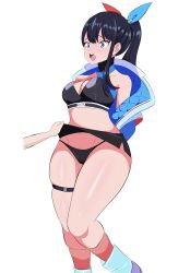Rule 34 | 1girl, absurdres, arms behind back, bare shoulders, black hair, black panties, black skirt, blue eyes, blue jacket, blue ribbon, blush, breasts, cleavage, cleavage cutout, clothes lift, clothing cutout, collarbone, criss-cross halter, gridman universe, groin, h ammer91, hair ribbon, halterneck, highres, jacket, large breasts, long hair, looking at viewer, microskirt, multicolored clothes, multicolored jacket, multicolored ribbon, navel, off shoulder, official alternate costume, official alternate hairstyle, open clothes, open jacket, open mouth, panties, pencil skirt, ponytail, red ribbon, ribbon, sidelocks, simple background, single sidelock, skindentation, skirt, skirt lift, ssss.gridman, stomach, takarada rikka, takarada rikka (solarain toys), thick thighs, thigh strap, thighs, underwear, white background, white jacket, wide hips