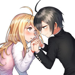 Rule 34 | 1boy, 1girl, ahoge, akamatsu kaede, bad id, bad pixiv id, black hair, blonde hair, blush, breasts, commentary request, danganronpa (series), danganronpa v3: killing harmony, fortissimo, from side, hair between eyes, hair ornament, highres, holding hands, jacket, long hair, looking at another, musical note, musical note hair ornament, open mouth, purple eyes, saihara shuichi, school uniform, shirt, simple background, smile, striped clothes, striped jacket, sumeshiruko, sweater vest, white background