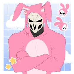 Rule 34 | 1boy, animal hood, annoyed, croisseeto, crossed arms, highres, hood, hoodie, mask, mask on head, pink hoodie, rabbit hood, reaper (overwatch)