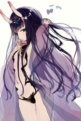 Rule 34 | 1girl, alternate hair length, alternate hairstyle, arched back, blunt bangs, breasts, closed mouth, commentary request, eyes visible through hair, fate (series), from side, gijxgij, gradient horns, highres, horns, light smile, long hair, looking at viewer, multicolored horns, navel, oni, purple eyes, purple hair, raised eyebrows, red horns, revealing clothes, see-through, see-through silhouette, shuten douji (fate), simple background, sketch, skin-covered horns, small breasts, solo, thick eyebrows, white background