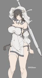 Rule 34 | 1girl, arm behind back, bare shoulders, black hair, braid, breasts, cleavage, closed mouth, copyright name, detached collar, detached sleeves, earrings, female focus, flat color, grey background, highres, holding, holding sword, holding weapon, jewelry, large breasts, long hair, looking at viewer, simple background, single earring, solo, standing, sword, thigh strap, very long hair, weapon, whoosaku