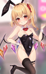 Rule 34 | 1girl, alternate costume, animal ears, armpit crease, bare shoulders, between fingers, black leotard, black thighhighs, blonde hair, blurry, blurry background, blush, breasts, commentary request, crystal, earrings, eyes visible through hair, fake animal ears, flandre scarlet, foot out of frame, grin, hair between eyes, hand up, high heels, highres, holding, jewelry, leotard, looking at viewer, miy@, one side up, petite, playboy bunny, pointy ears, rabbit ears, red eyes, short hair, simple background, small breasts, smile, solo, standing, standing on one leg, thighhighs, touhou, wings, wrist cuffs