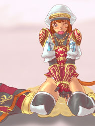 Rule 34 | 00s, 1girl, brown eyes, brown hair, fang, final fantasy, final fantasy xi, hat, mihli aliapoh, mithra (ff11), one eye closed, pee, peeing, peeing self, puddle, solo, tail, tears, thighhighs