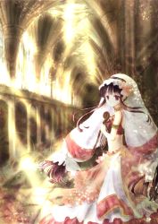 Rule 34 | 1girl, architecture, armlet, bad id, bad pixiv id, bare shoulders, chize, choker, church, gothic architecture, gypsy, indoors, instrument, light rays, long hair, looking at viewer, lyre, midriff, original, profile, purple eyes, purple hair, solo, sunbeam, sunlight, veil, very long hair