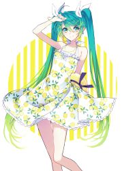 Rule 34 | 1055, 1girl, arm behind back, arm up, blue eyes, blue hair, blue nails, bow, collarbone, dress, earrings, gradient hair, green hair, hair between eyes, hair bow, hair ornament, hairclip, halterneck, hat, hat ribbon, hatsune miku, highres, holding, holding clothes, holding hat, jewelry, lemon print, long hair, looking at viewer, multicolored hair, nail polish, print dress, purple ribbon, ribbon, short dress, sleeveless, sleeveless dress, smile, solo, striped, striped background, sun hat, sundress, thigh gap, twintails, unworn hat, unworn headwear, very long hair, vocaloid, white background, white bow, yellow hat