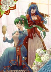 Rule 34 | 2girls, blue eyes, blue hair, breasts, cleavage, dress, earrings, fingerless gloves, fire emblem, fire emblem: the binding blade, fire emblem: the blazing blade, fire emblem heroes, gloves, green eyes, green hair, hairband, hat, high ponytail, highres, jewelry, lilina (fire emblem), lilina (valentine) (fire emblem), long hair, lyn (fire emblem), lyn (valentine) (fire emblem), mother and daughter, multiple girls, nintendo, ponytail, rokusashu, very long hair, white background