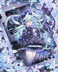 Rule 34 | 1girl, aqua eyes, aqua hair, black dress, bow, commission, dress, feathered wings, frilled dress, frilled sleeves, frills, goth fashion, hair ornament, hands up, head wings, highres, leaf, long hair, long sleeves, looking at viewer, munlu (wolupus), original, picture frame, purple bow, skeb commission, solo, wings