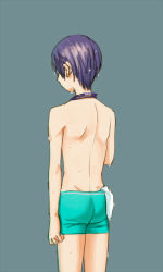 Rule 34 | 10s, 1boy, aqua jammers, aqua male swimwear, artist request, cowboy shot, free!, from behind, gluteal fold, grey background, high speed!, jammers, lowres, male focus, male swimwear, nanase haruka (free!), simple background, standing, swimsuit, tagme, wet