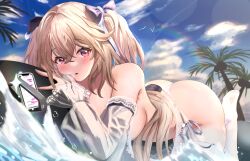 Rule 34 | 1girl, absurdres, anchorage (azur lane), anchorage (dolphins and swim lessons) (azur lane), ass, azur lane, bare shoulders, bikini, blush, breasts, cellphone, hair between eyes, hair ribbon, highres, inflatable orca, inflatable toy, large breasts, light brown hair, long hair, loob, looking at viewer, official alternate costume, outdoors, palm tree, phone, ribbon, see-through, see-through sleeves, smartphone, soles, surfing, swimsuit, thighhighs, thighs, tree, twintails, very long hair, white bikini, white thighhighs