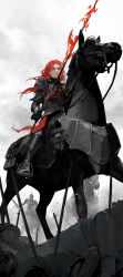 Rule 34 | 3boys, absurdres, angel, armor, armored animal, battlefield, black armor, black horse, chinese commentary, commentary request, fire, forehead tattoo, helmet, highres, holding, holding sword, holding weapon, horse, long hair, looking at viewer, lord of the mysteries, medici (lord of the mysteries), multiple boys, pollution, red eyes, red hair, riding, sky, smile, smoke, sword, tattoo, weapon, yinyoushirenmaotouying