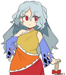 Rule 34 | 1girl, blue sleeves, bow, closed mouth, detached sleeves, grey hair, hair between eyes, hand on own hip, holding, holding weapon, ini (inunabe00), long hair, looking at viewer, multicolored sleeves, nata (tool), red bow, red eyes, sakata nemuno, simple background, solo, touhou, weapon, white background