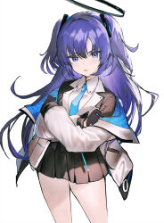 Rule 34 | 1girl, black gloves, black jacket, black skirt, blue archive, blue eyes, blue hair, blue necktie, breasts, collared shirt, commentary request, crossed arms, gloves, hair between eyes, half gloves, halo, hayama eishi, highres, jacket, long sleeves, looking at viewer, medium breasts, necktie, off shoulder, open clothes, open jacket, parted bangs, parted lips, pleated skirt, puffy long sleeves, puffy sleeves, shirt, simple background, skirt, solo, sweat, v-shaped eyebrows, white background, white jacket, white shirt, yuuka (blue archive)