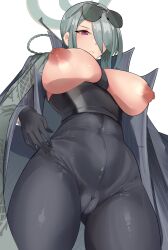 Rule 34 | 1girl, absurdres, atheru333, black gloves, blue archive, breasts, cameltoe, chest harness, cleft of venus, coat, coat on shoulders, corset, covered navel, crotch seam, eyewear on head, from below, gloves, green hair, grey coat, grey hair, hair over one eye, halo, harness, high-waist pants, highres, huge breasts, impossible clothes, impossible pants, inverted nipples, long hair, long sleeves, looking at viewer, mina (blue archive), multicolored hair, no bra, pants, purple eyes, pussy, simple background, solo, streaked hair, sunglasses, underbust, white background